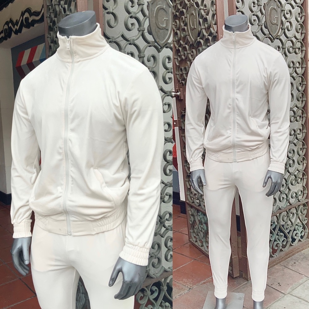 Men's Ecru Full Zip Fitted Velour Tracksuit